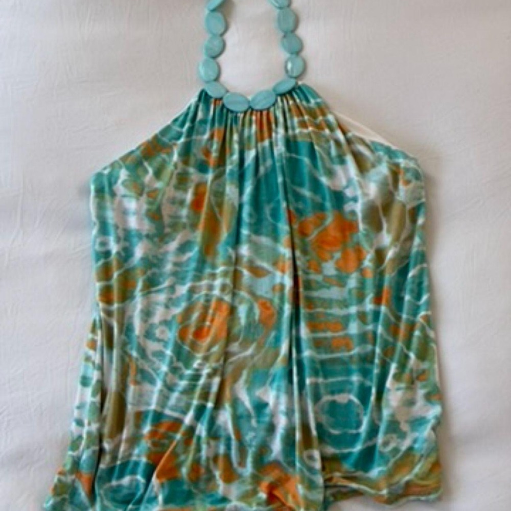 Sky Vintage Y2K Beaded Halter Top Aqua Teal Floral Boho Festival Medium